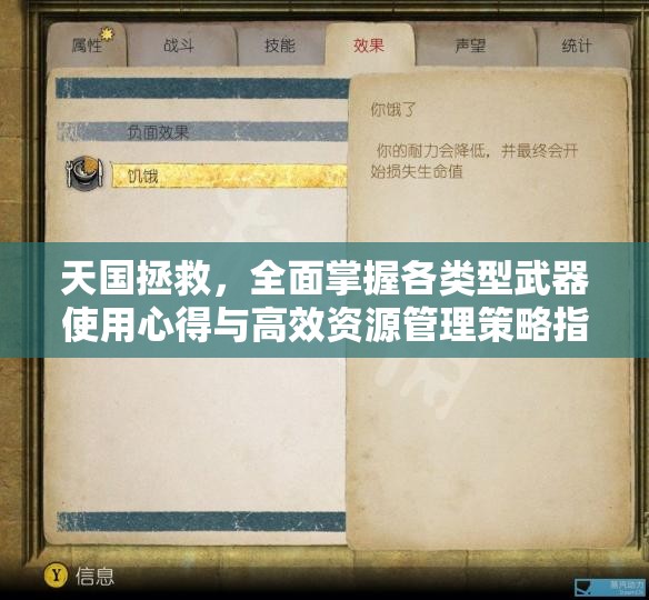 天国拯救，全面掌握各类型武器使用心得与高效资源管理策略指南