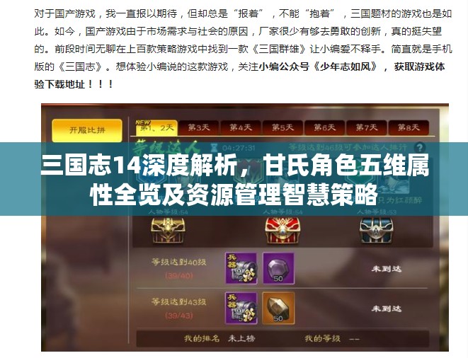 三国志14深度解析，甘氏角色五维属性全览及资源管理智慧策略