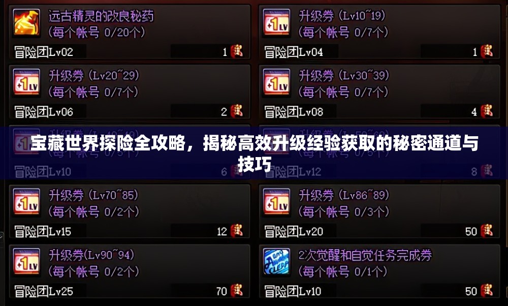 宝藏世界探险全攻略，揭秘高效升级经验获取的秘密通道与技巧