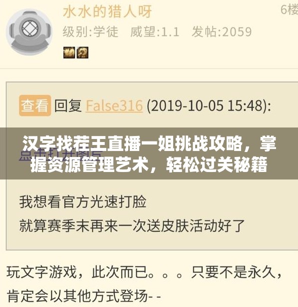 汉字找茬王直播一姐挑战攻略，掌握资源管理艺术，轻松过关秘籍